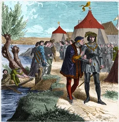 Konflansfördraget den 5/10/1465 mellan kungen av Frankrike Ludvig XI och Charles de Charolais (senare Charles the Temeraire) som avslutade adelsupproret eller League of Public Good. Gravyr i "" Histoire De France En Cent-målningar av Paul Lehugeur "" 1891.