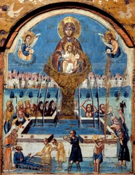 Jungfruns triptyk, livskälla Jungfrun kråkar ovanför en mirakulös vattenfontän. Central panneu, målning på trä från Mellanöstern. Musee des Beaux Arts i Rouen från 1800-talet