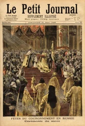 Tsar Nicholas II (1868-1918), i Assumption Cathedral (Moskva), kröner sin fru, Alexandra Fedorovna (1872-1918). Gravyr i "" Le petit journal"" 1896-05-31. Selvas samling.