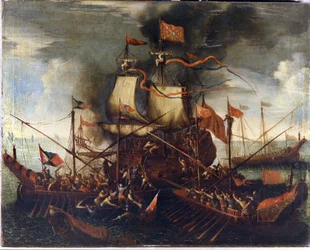 Turkiska galärer närmar sig ett venetianskt skepp. 1600-talsmålning.