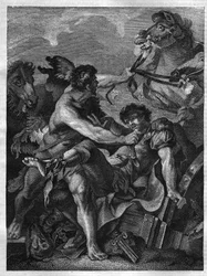Tolv verk av Hercules: Diomede dödar av Hercules och äter av sina egna hästar. gravyr efter målningen av Jean-Baptiste-Marie (Jean Baptiste Marie) Peter. (1714-1789)