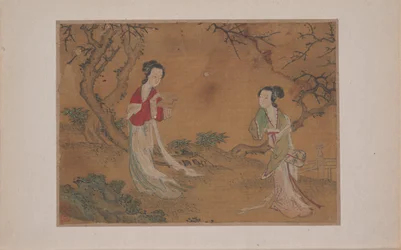 Two Ladies in Foreground of Landscape (miniatyr från album med elva målningar; tusch och färg på siden)