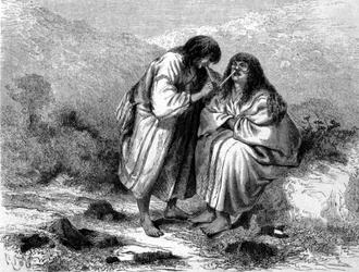 Två indios från Peru som tar tobak. 1800-talsgravyr.