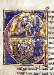 Två kungar av Bretagne: Bans de Berroye (far till Lancelot) och Boorz de Gaune. Manuskript: Conquest of the Holy Graal, skrivet 717 år efter vår herres passion. Bibliotheque Municipale de Rennes, ms. 255 (Samling av romaner av det runda bordet); P