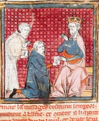 Två budbärare tillkännager i Karl den Store (742-814) segern över miniatyrsaracenerna från "" Grandes Chronicles de France"" 1375-1379 kommunala biblioteket, Castres