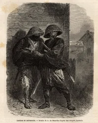 Två roniner (samurajen har förlorat sin herre) som står i bakhåll. Gravyr för att illustrera resan till Japan, 1863-1864, av Aime Humbert, minister för Schweiziska edsförbundet, i "" Le tour du monde, nouveau journal des voyages"" publicerad under ledning