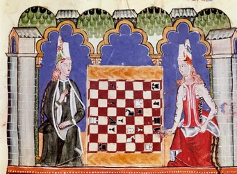 Två kvinnor som spelar schack. Miniatyr från manuskriptet "" Libro de los juegos"" av Alfonso X den vise eller Savanten (på spanska, Alfonso X el Sabio