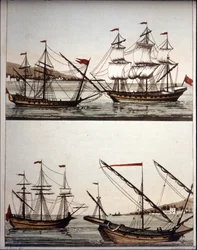 Typiska båtar för de barbariska piraterna, - i "Den antika och moderna kostymen" "de Ferrario, Milano