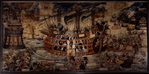 Typus religionis En allegori över religiösa ordnar, trosskeppet styrs av religiösa ordnar, ledda av jesuiter. Grundarna av de olika orden är representerade: Sankt Ignatius av Loyola, grundare av Jesu sällskap, Sankt Francois av Assisi, S