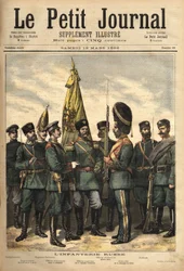 Uniformer för det ryska infanteriet, allierade med Frankrike, från vänster till höger: gränsvakten, vakternas sergeantmajor, Pavlowskiregementet, officeren, överofficeren, palatsgrenadjären, artilleriuniformen och soldaten. Gravyr i