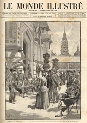 Universell utställning 1889 - Ursprungssoldater framför kolonialpaviljongen (Esplanade des Invalides). Omslag "" Le Monde Illustré"" från 1889-06-01.