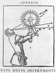 Användning av en anordning för att beräkna tiden i förhållande till stjärnorna på natten (astrolabium) - Cosmographia de Pietro Apiano, Paris 1551.