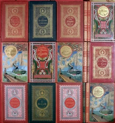 Olika omslag till Jules Vernes böcker utgivna i Hetzelutgåvor. Jules Verne-bibliotekssamling. Paris.