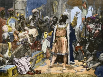 Vasco da Gama levererar brevet från kung Manuel av Portugal till Samorim av Calicut - efter målning, ca.