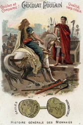 Vercingetorix (72-46 f.Kr.), ledare för det galliska upproret, lägger ned sina vapen vid Caesars (100-44 f.Kr.) fötter efter att slutgiltigt ha förlorat staden Alesia - i ”Myntens allmänna historia” - Chocolat-Poulain-kromolitografi från slutet av