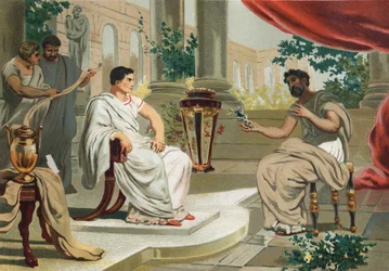 Vespasianus (på latin Titus Flavius Vespasianus) med Plinius den äldre. efter berömda hombres y Mujeres. Barcelona 1877. Plinius den äldre (23-79) -