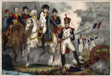 Victor fick av Napoleon I Hederslegionens kors och rang som kapten på Wagrams slagfält för hans tapperhet, gravyr tidigt 1800-tal