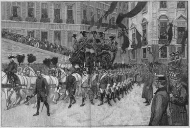 Wien 1889: Prins Rudolfs begravning (ärkehertig Rudolf av Habsburg (1858-1889), Österrikes kronprins). Processionen framför den franska ambassaden.