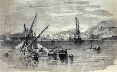 Utsikt över Korfu i Grekland från ön Vido. Gravyr från början av 1800-talet
