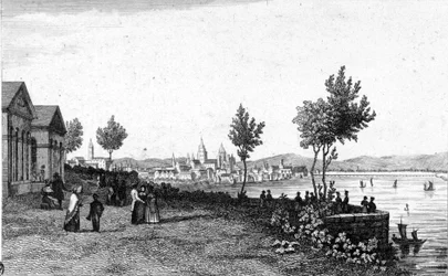 Utsikt över Mainz i Tyskland och Rhen omkring 1830.