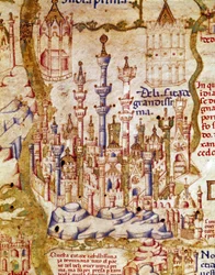 Vy över New Delhi i Indien Detalj av världskartan av broder Maurus (Mauro) Camaldolese 1400-talets Biblioteca Marciana, Venedig