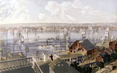 Utsikt över New Yorks hamn. SD litografi kring mitten av 1800-talet.