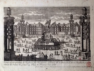 Vy över Place des Victoires i Paris med statyn av Ludvig XIV rest av marechal de la Feuillade 1686. Gravyr av 1600-talets Paris, Musee Carnavalet