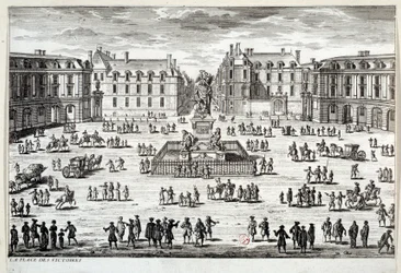 Vy över Place des Victoires i Paris med statyn av Ludvig XIV rest av marechal de la Feuillade 1686. Gravyr av 1600-talets Paris, Musee Carnavalet