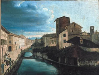 Vy över San Gerolamo-kanalen i Milano (olja på trä
