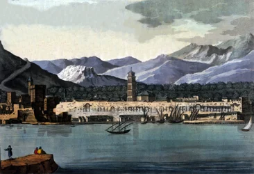 Vy över Split (Spalato), Kroatien, från havet. Akvarell från början av 1800-talet