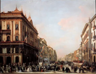 Utsikt över Venezia-gatan med karnevalsflotta, Milano (målning