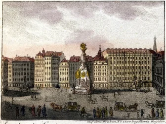 Utsikt över Wien och torget Graben (ihåligt) som har fått sitt namn från diket som romarna grävde för att försvara staden. Litografi från halvan av 1800-talet.