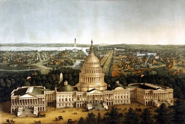 Utsikt över Washington och Vita huset i en föreställning från 1820.
