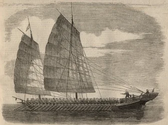 Vy över ett kinesiskt piratskepp i Kanton. Gravyr i "" The Illustrated London News"" av 31 januari