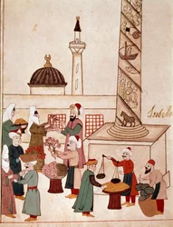 Vy över en basar i Konstantinopel. Miniatyr hämtad från ett Cicogna-manuskript från 1800-talet (1828) efter ett original från 1600-talet (1671). Venedig, Biblioteca Marciana