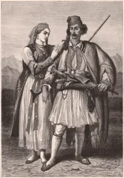 Vy över ett par i albansk traditionell dräkt under 1800-talet