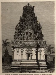 Vy över en av gombrooonerna eller portikerna i en pondichery-pagod (Pondicherry) (Indien). Gravyr för att illustrera en expedition till pagoden Chillambaran (Coromandel cote), från 1838 till 1844, av kontraamiralen Paris, chef för depot des cartes