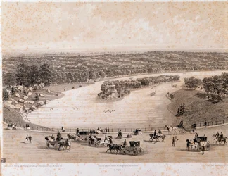 Utsikt över Bois de Boulogne i Paris. Litografi från 1850. Privat samling