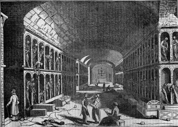 Utsikt över kapucinernas kyrkogård i Palermo på 1800-talet. (Cimitero dei Cappuccini, Palermo)