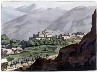 Utsikt över Escorial (Escorial), palatset och klostret i Spanien, byggt under Filip II mellan 1563 och 1584. Litografi av 1800-talet.