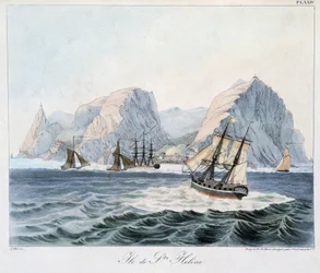 Utsikt över ön St. Helena i "" Utsikter och landskap i de jämvädande regionerna, samlade på en resa runt om i världen"", sd. tidigt 1800-tal