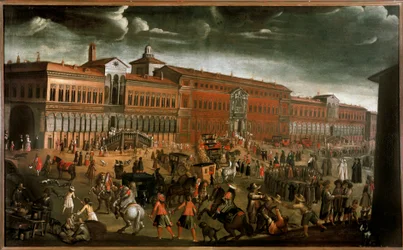Utsikt över Ospedale Maggiore (Grand Hospital) på dagen för Fete of Forgiveness i Milano Idag är det statliga universitetet. Torget är livligt av försäljare, lokalbefolkning, tiggare, tjuvar och religiösa processioner. Anonym målning ca 1670-1780 Dim. 142
