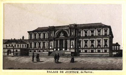 Utsikt över justitiepalatset i Nantes (Loire-Atlantique, Pays de la Loire), Frankrike. Kromolitografi från slutet av 1800-talet.