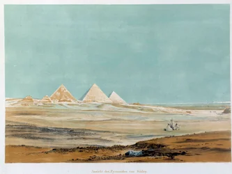 Utsikt över pyramiderna i Giza (Giza, Giza, Giza), Egypten. Illustration av 1800-talets Paris, Frankrikes college