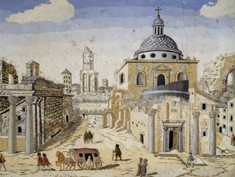 Utsikt över Forum Romanum, slutet av 1600-talet, scagliola på terrakottastöd. Detalj