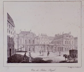 Utsikt över det kungliga palatset i Paris. Gravyr från 1820 Privat samling