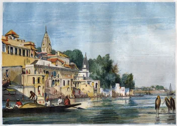 Utsikt över Sutti Chowra Ghat på Ganges, i Cawnpore (Kanpur), Indien 1857.