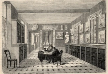 Utsikt över Victor Cousin-biblioteket vid Sorbonne-universitetet i Paris. Gravyr i "" L