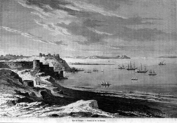 Utsikt över bukten i den befästa staden Tanger och kusten, Marocko. Gravyr från 1860.