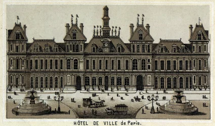 Utsikt över stadshuset i Paris och platsen. Kromolitografi från slutet av 1800-talet.